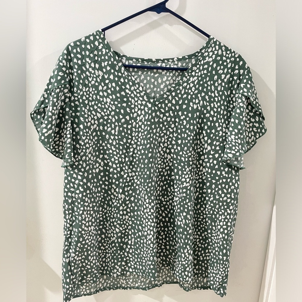 Shein Blouse, green and white flutter sleeve